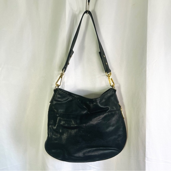 MILLY BLACK LEATHER HOBO BAG GOLD ACCENT ZIPPER DESIGN SHOULDER BAG - Picture 4 of 12